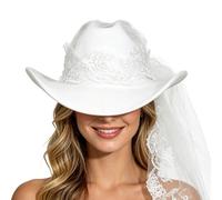 Générique Chapeau De Cowboy Blanc Mariée | avec Un Voile Blanc d'EVJF - Chapeau Cowboy Mariée EVJF | pour Anniversaire Robe Douche Plage Été Femme