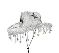 Générique Chapeau de cowboy western orné de strass brillants et de franges, idéal pour une soirée disco, un festival de musique country ou un spectacle sur scène. (Silver, One Size)