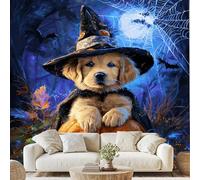 Générique Chapeau de Sorcière Chien Papier Peint Halloween Citrouille Chiot Autocollant Mural 150x105 cm Poster pour Chambre Salon Decoratif