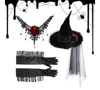 Générique Chapeau de Sorcière | Ensemble Costume Gothique avec Gants et Collier Rose | Bandeau Halloween | Pour Adultes Fête Festival Décorations Cosplay Performance Mascarade Tenue Maison