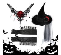 Générique Chapeau de Sorcière | Set Gants Gothiques Fantaisie Et Collier Rose | Bandeau De Sorcière En Dentelle | Pour Adultes Fête Festival Décorations Cosplay Performance Mascarade Tenue Maison
