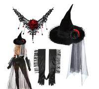 Générique Chapeau Sorcière Noir | Ensemble Costume Gothique avec Gants et Collier Rose | Bandeau Halloween | pour Fête, Festival, Décorations, Cosplay, Performance, Tenue de Mascarade, Maison, Porche
