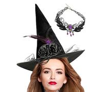 Générique Chapeaux sorcière | Coiffe pointue en dentelle et velours et ensemble collier | Chapeau sorcière noir pointu | Pour Tenue, Soirée, Carnaval, Jeux De Rôle, Mascarade, Dame, Femme, Maman