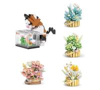 Générique Chat en Blocs de Construction avec Pot de Fleurs DIY, Modèle Créatif pour Maison et Bureau, Kit de Décoration pour Adultes