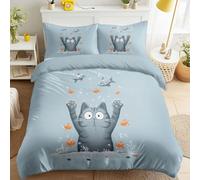 Générique Chat Gris Poisson Rouge Submergé Bulles & Fermeture Éclair Original Insolite Comique Hilarant Housse Couette Dessin Animé BD Animal Housse Couette, 200 x 200 Parure de Lit Adulte - Bleu