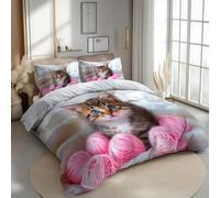 Générique Chaton Aux Yeux Bleus Parure de Lit Fermeture Éclair, Parure de Lits 90 x 190 cm avec 1 Taies d'oreiller 65 x 65 cm, Bleu Gris Tendre Sets de Housse de Couette en 100% Microfibre