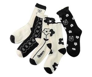 Générique Chaussettes de Contention Femme, Lot de 5 Chaussettes Hautes à Volants à Motif Fleurs et Oursons Style Kawaii Rétro, Confortables et Respirantes, Chaussette pour Usage Quotidien