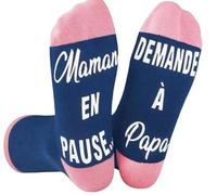 Générique Chaussettes Humoristiques 'Maman en Pause', Bleu et Rose, Message Amusant pour Parents. Cadeau d'anniversaire, de fête des mères