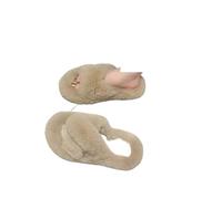 Générique Chausson Femme Chaussons en fourrure épaisse One Word, chaussures décontractées coton for femmes, plates et à lanières croisées(Khaki 02,36)