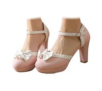 Générique Chaussures à Talons Moyen Lolita avec Nœud et Perles pour Femmes, Mary Jane avec Une Boucle Ajustable, Parfait pour Les Oktoberfest, Les Mariages et Les Journées Décontractées