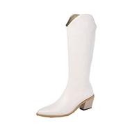 Générique Chaussures de botte pour femme Mi-Mollet plates Bottes Femme Imperméables classiques Travail Mode Femmes Bottes Souple cuir véritable rétro Cowboy Tige large Elégantes à talon carré