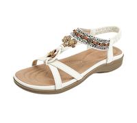 Générique chaussures ete femme, plates à bride en T ornées de perles et de précieuses colorées, avec bride arrière élastique Bottes Courtes Cuir Noir (White, 37)