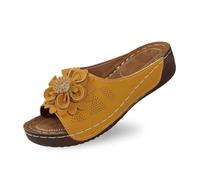 Générique Chaussures Feminine à Talons Crabonné Ouvertes avec Dessus Cuir et Motif Floral Confortables et Élégantes pour Sorties et Vacances (Yellow, 39)