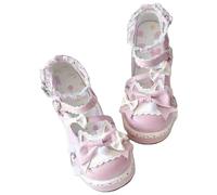 Générique Chaussures Mary Jane à Bout Rond et Talon compensé épais, Lacets colorés, Style Punk Rock, à Porter avec Une Robe, Une Jupe en Jean ou Un Jean.