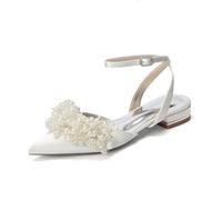 Générique Chaussures Plates De Mariée pour Femmes À Bout Pointu avec Perles, Sandales D'été À Bride Cheville avec Boucle, Talon Bas, Chaussures pour Robe De Mariage,Ivoire,41 EU