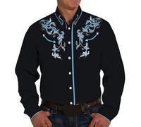 Générique Chemise à Manches Longues à Revers pour Homme, décontractée, Ample, Confortable, Tendance, Commerce extérieur, Motif Denim rétro Occidental imprimé (Black, L)