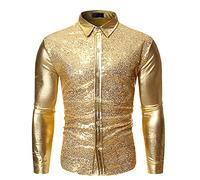 Générique Chemise à Manches Longues en Satin Brillant similaire à de la Soie Chemisier Boutonné Col à à Manches Longues Slim - pour Homme - pour fête, soirée Disco, Bal de Promo (Gold, S)