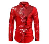 Générique Chemise à Paillettes Argentées Satin à Manches Longues Boutonnée pour Homme Dentelle Chemise Jabot Volants Slim Fit Vintage Disco Gothique Elégant Mariage Cérémonie S-XXL (Rouge 1,S,S)