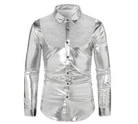 Générique Chemise à Paillettes Argentées Satin à Manches Longues Boutonnée pour Homme Dentelle Chemise Jabot Volants Slim Fit Vintage Disco Gothique Elégant Mariage Cérémonie S-XXL