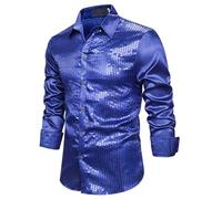 Générique Chemise à Paillettes Homme Bleu XL Soie Coupe Slim Manche Longue Col Classique Tops Chemise Veste Disco Party