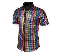 Générique Chemise à paillettes pour homme - Manches courtes - Costume de fête disco - Col Kent - Chemise disco années 70 et 80 - Chemise brillante - Pour fête hippy - Costume de clubwear doux