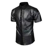 Générique Chemise à paillettes pour homme - Manches courtes - Costume de fête disco - Col Kent - Chemise disco années 70 et 80 - Chemise brillante - Pour fête hippy - Costume de clubwear doux
