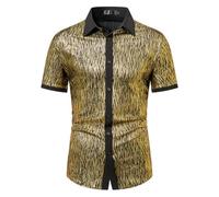 Générique Chemise à Paillettes pour Homme - Manches Courtes - Costume de fête Disco - Col Kent - Chemise Disco années 70 et 80 - Chemise Brillante - pour fête Hippy - Costume de Clubwear Doux