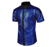 Générique Chemise à paillettes pour homme - Manches courtes - Costume de fête disco - Col Kent - Chemise disco années 70 et 80 - Chemise brillante - Pour fête hippy - Costume de clubwear doux