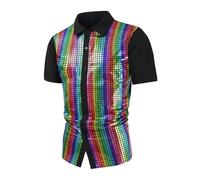 Générique Chemise à Paillettes pour Homme - Manches Courtes - Costume de fête Disco - Col Kent - Chemise Disco années 70 et 80 - Chemise Brillante - pour fête Hippy - Costume de Clubwear Doux