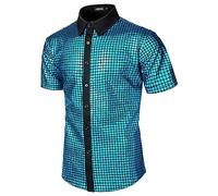 Générique Chemise à paillettes pour homme - Manches courtes - Costume de fête disco - Col Kent - Chemise disco années 70 et 80 - Chemise brillante - Pour fête hippy - Costume de clubwear doux