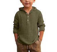 Générique Chemise bohème en Lin pour garçons, Chemise boutonnée en Coton et Lin à Manches Longues, Pull à Capuche Demi-boutonné, Coupe Ample, Sweat à Capuche de Plage uni, Respirant et léger