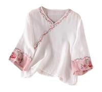 Générique Chemise brodée Ethnique rétro Manches Courtes Lin Ample pour Femmes Bouton littéraire (White, 2XL-4)