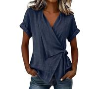 Générique Chemise Cache-cœur à col V Profond pour Femme Taille Ajustable par Lien sur Le côté Poignets ajustés Ourlet Arrondi asymétrique t-Shirt d'été élégant et stylé(Navy, S)
