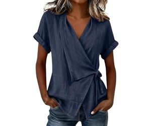 Générique Chemise Cache-cœur à col V Profond pour Femme Taille Ajustable par Lien sur Le côté Poignets ajustés Ourlet Arrondi asymétrique t-Shirt d'été élégant et stylé(Navy, S)