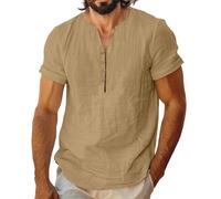 Générique Chemise d été à Manches Courtes et col boutonné en Lin mélangé Respirant idéale pour Les d et Le Quotidien décontracté-Haut léger Polyvalent pour Hommes (Khaki, XS)