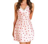 Générique Chemise de Nuit en Satin pour Femme Une élégante Robe Nuisette avec col V et imprimé cœur Lingerie séduisante Parfaite Douce Confortable Romantique légère Fluide féminine (M)