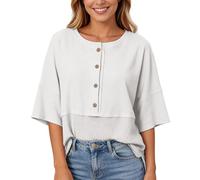 Générique Chemise décontractée Femme Oversize Patchwork à Manches Trois et col Rond pour Un Style Estival Confortable (White, S)