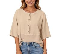 Générique Chemise décontractée Femme Oversize Patchwork à Manches Trois et col Rond pour Un Style Estival Confortable (Khaki, L)