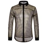 Générique Chemise Disco Homme,Chemise à Paillettes à Manches Longues VêTements De Performance VêTements De FêTe Disco des AnnéEs 70 Chemise Tendance (Gold XXL)