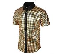 Générique Chemise Disco Homme,Chemise Casual Manches Courtes Imprimé Top Paillettes Boucle Chemise (Yellow, M)