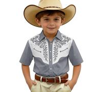 Générique Chemise en Jean décontractée à Manches Courtes pour garçon avec imprimé Western et Boutonnage Avant (Grey, 13-14 Years)