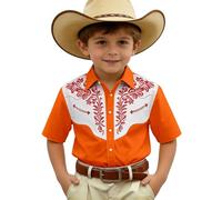 Générique Chemise en Jean décontractée à Manches Courtes pour garçon avec imprimé Western et Boutonnage Avant (Orange, 9-10 Years)