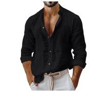 Générique Chemise en Lin et Coton de Couleur Unie pour Hommes, Style décontracté, Coupe cintrée, col Montant, Manches Longues, Chemise d'affaires décontractée (Black, M)