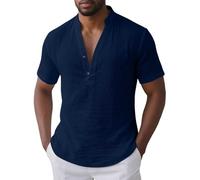 Générique Chemise en Lin Homme Hommes,Boutonnée à Col,T-Shirt Décontracté de Plage Manches Courtes,Blouse Te Ndance Chemises Longues Chemisette Hommes pour Travel(Marine, XXXL)