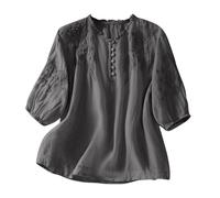 Générique Chemise Femme Coton et Lin Manches Courtes Chemisiers et Blouses Chic Élégante Chemisier Couleur Unie 2026 T Shirts D'Été Respirant Grande Taille Chemise Lin Tunique Blouse (Grey-c, M)