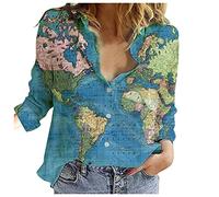 Générique Chemise Femme Décontractée à Manches Longues avec Imprimé Carte du Monde et Col Boutonnée pour Un Style Confortable et Voyageur 2026