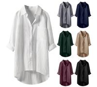 Générique Chemise Femme Manches Longues Anti UV, Chemise De Plage en Lin Femme, Chemisier Revers Haut avec Bouton Top Large Confortable Chemisier Couleur Unie Blouse Grande Taille Chemises Été S-3Xl