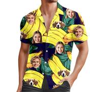 Générique Chemise Hawaienne Homme Personnalisée 2025 Chemise Manches Courtes Personnalisé avec 1~3 Photos de Visage a Fleur Homme Tropical Bouton Chemisette Été Unisexe (A08-Navy, L)