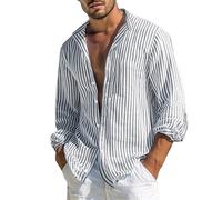 Générique Chemise Homme,Chemise Hawaienne,Mens Casual Loose Striped Long Sleeve Down Shirt Top Blanc sous (Grey, M)