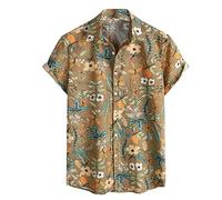 Générique Chemise Homme DéContractéE,Hommes Printemps Et éTé éLéGant DéContracté Haut Chemise Impression Manches Courtes Coton Et Lin Petit Haut (Yellow, 3XL)